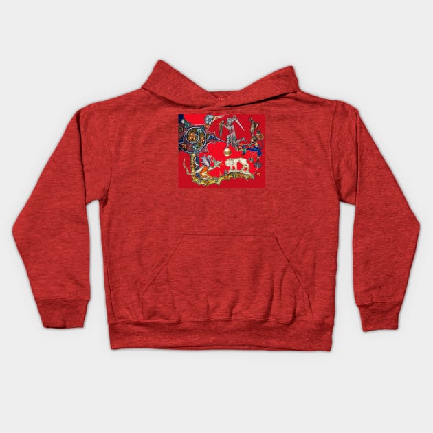 WEIRD BESTIARY,MEDIEVAL KNIGHT FIGHTING SNAIL,DRAGON AND LION IN ROYAL RED Kids Hoodie by BulganLumini